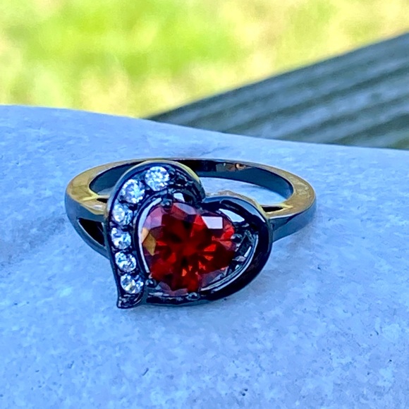 Lab created Ruby heart ring sz 8 black gold plated with Cz - Picture 13 of 16